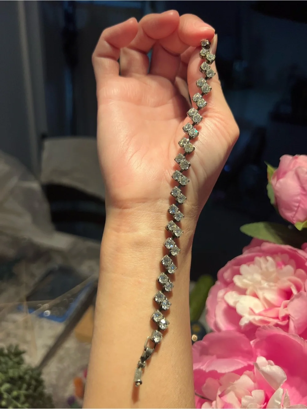 Silver-Tone Crystal Tennis Bracelet - Clear Stones